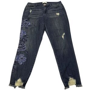Lane Bryant Womens Size 16 Embroidered Floral Jeans Blue Distressed Skinny Denim